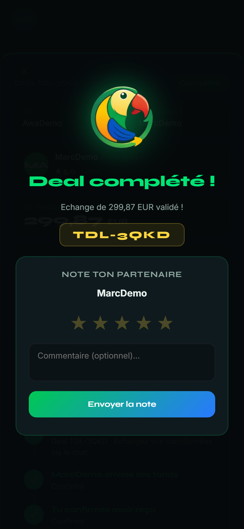 L'écran de clôture d'un échange abouti
